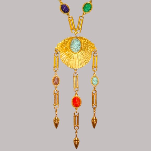 Accessocraft Egyptian Revival Statement Necklace Scarab Signed Rare Collectible - Picture 5 of 7